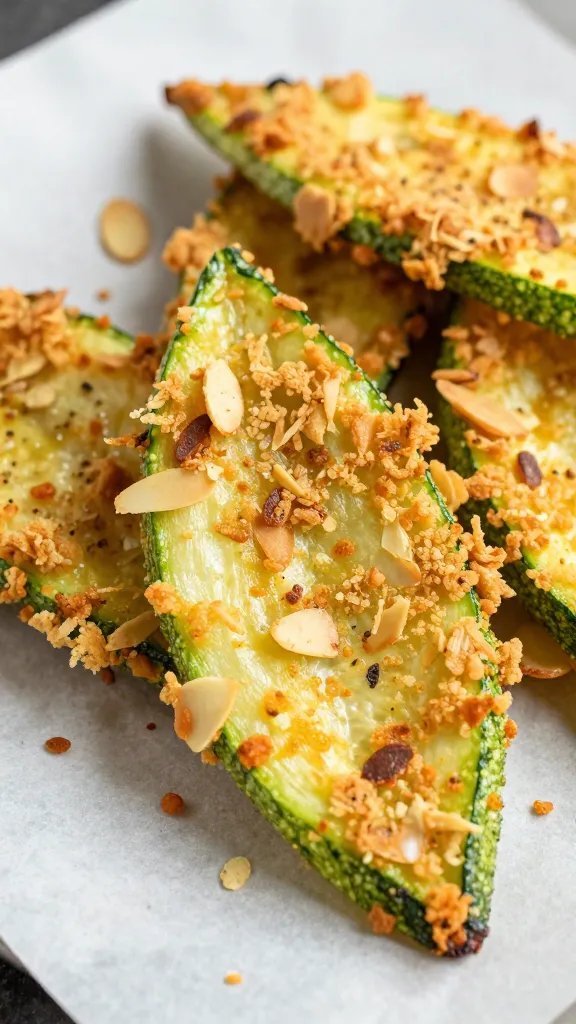 closeup of crispy zucchini fry on parchment, almond crust