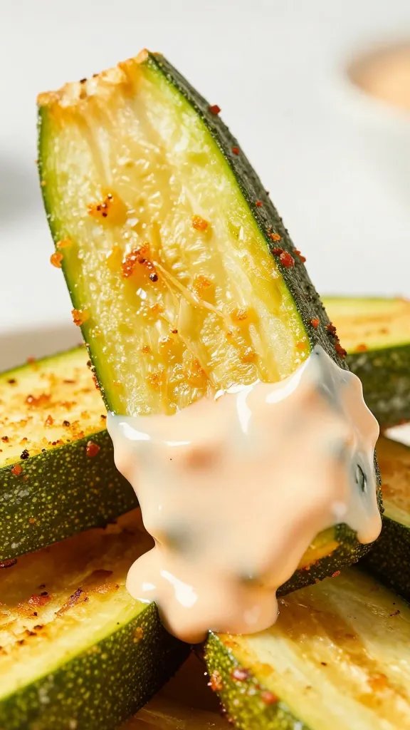 single zucchini fry dipped in Buffalo sauce, macro shot