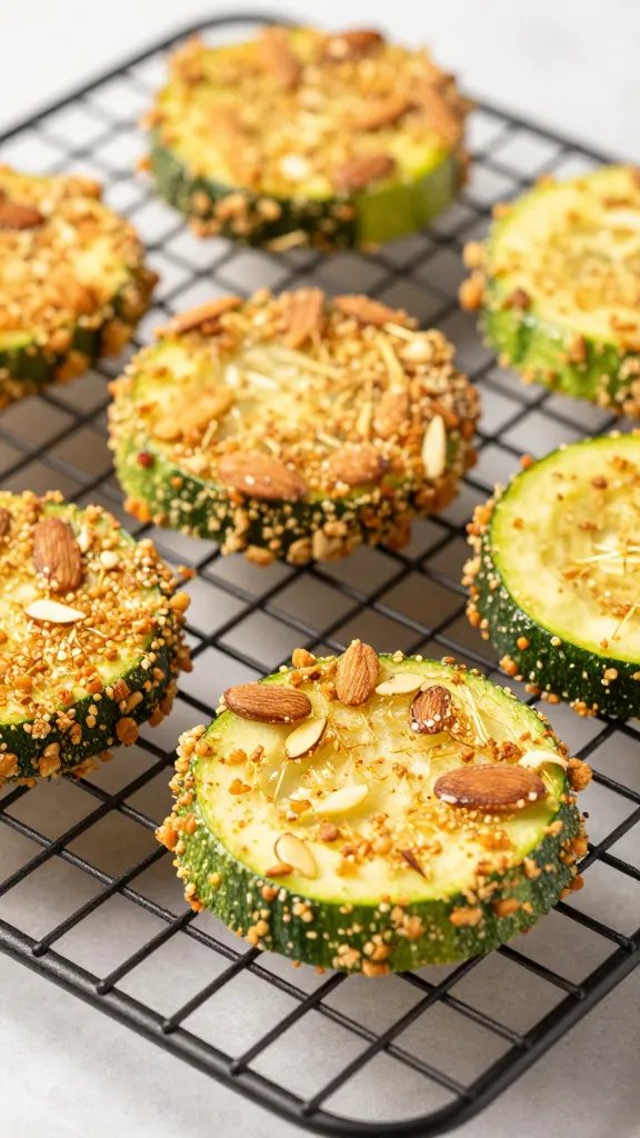 almond flour-coated zucchini fry on cooling rack, side light