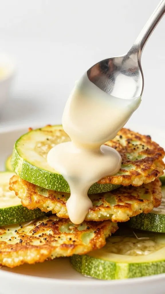 zucchini fry being brushed with Buffalo glaze, macro