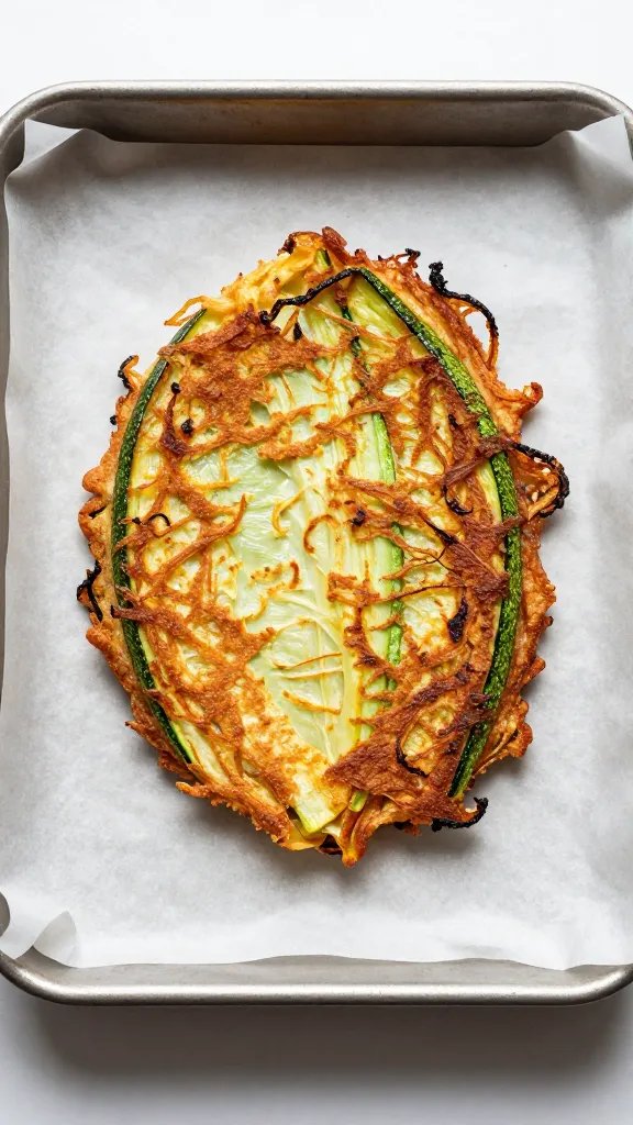 parchment-lined sheet pan with one baked zucchini fry