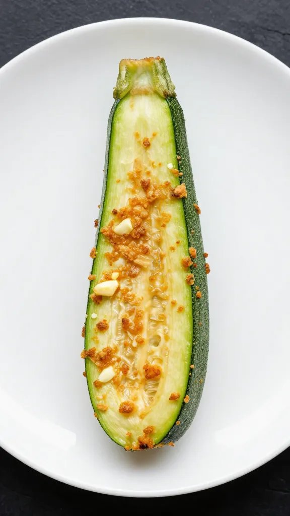 single zucchini fry on white plate, crunchy crumb detail