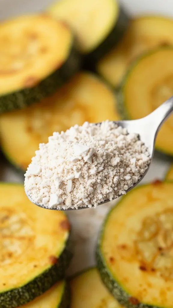 almond flour in spoon beside zucchini fry, shallow focus
