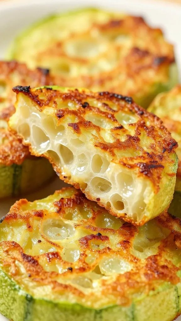 closeup of browned zucchini fry end, airy interior visible