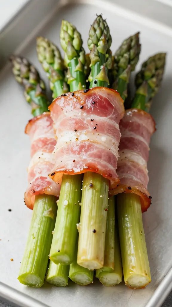 closeup bundle of bacon-wrapped asparagus on sheet pan