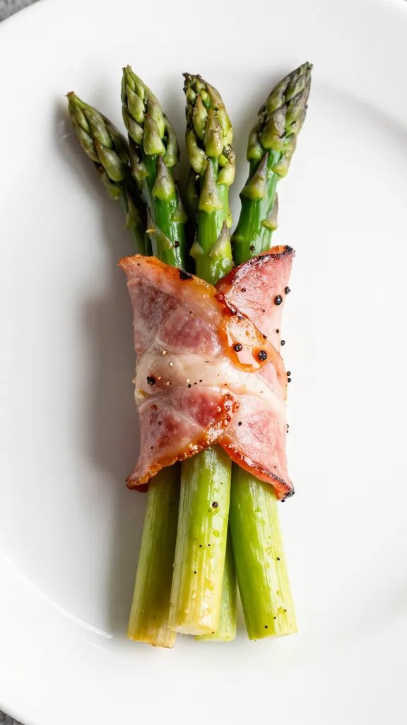 single bacon-wrapped asparagus bundle on white plate