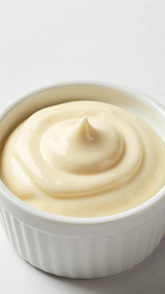 garlic aioli dollop in small ramekin, glossy swirl