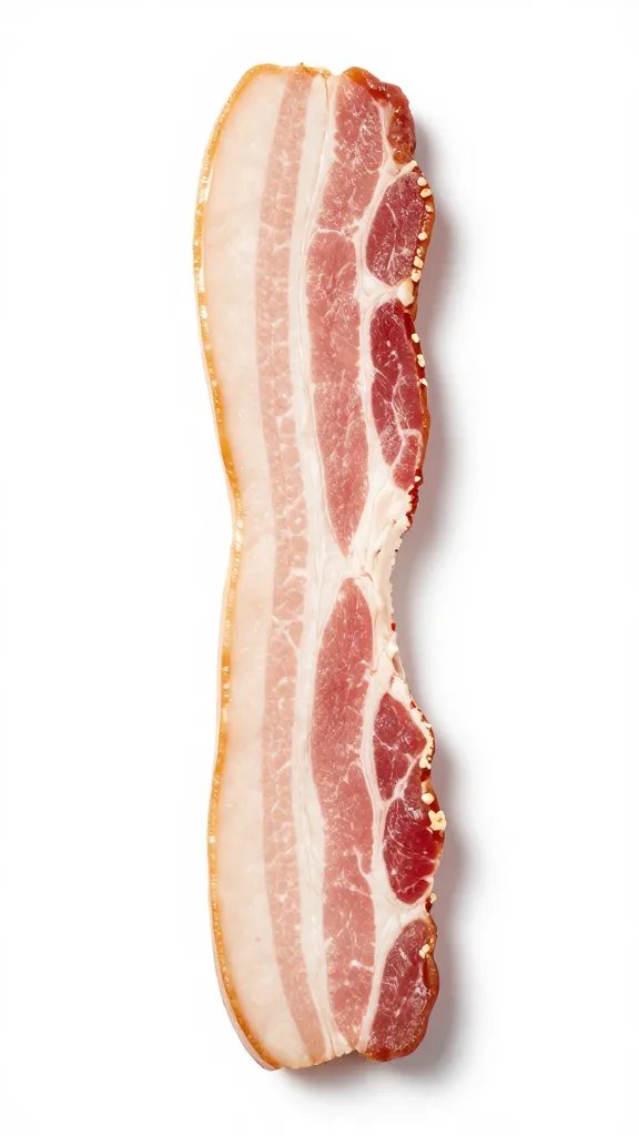single strip of regular-cut bacon, uncooked, studio lighting