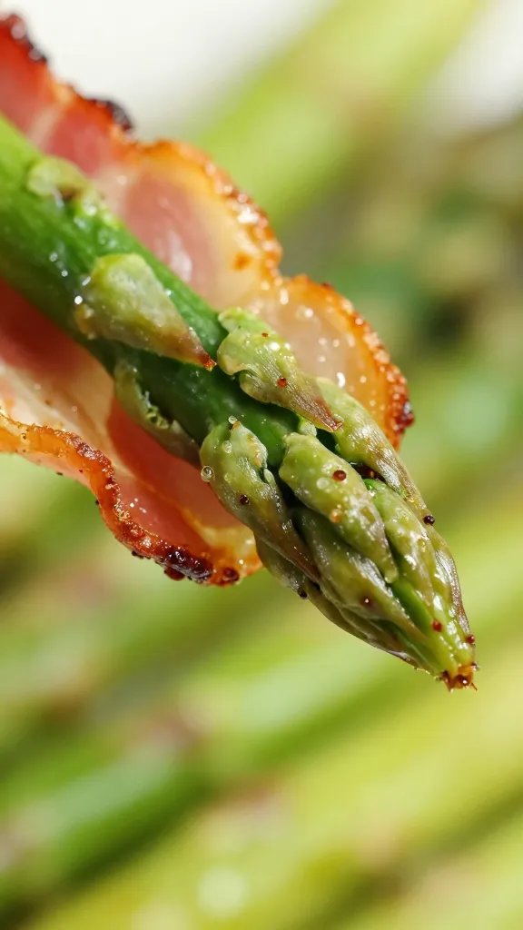 crispy bacon edge on asparagus tip, macro shot