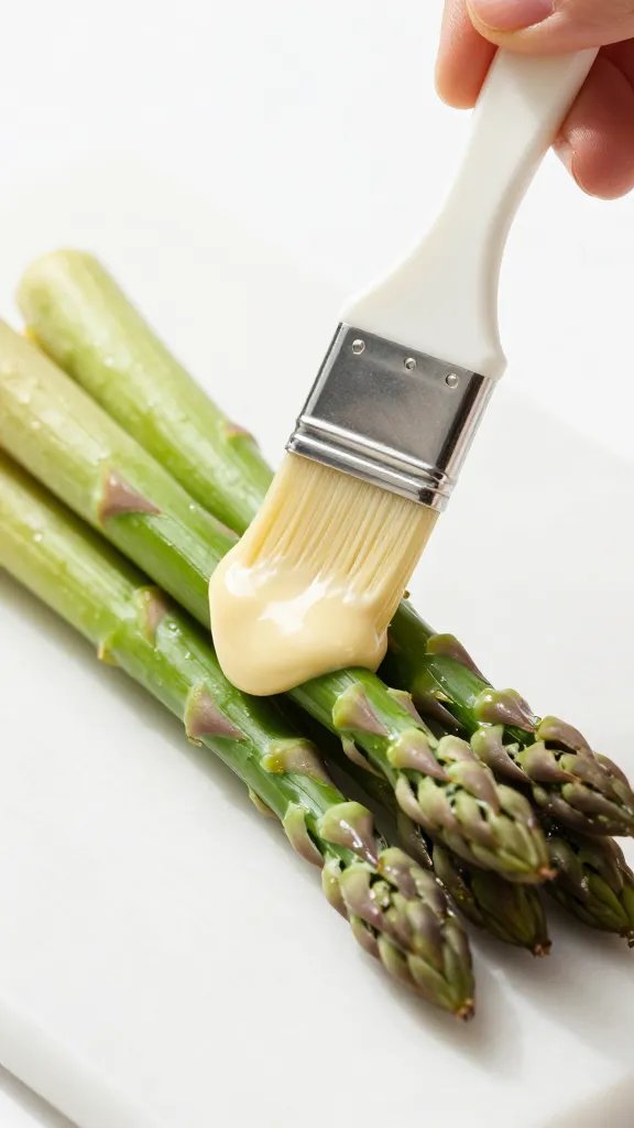 basting brush glazing aioli on one asparagus bundle