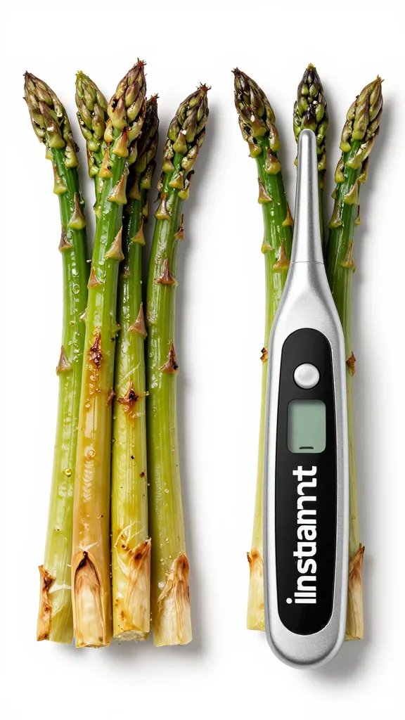instant-read thermometer beside roasted asparagus bundle