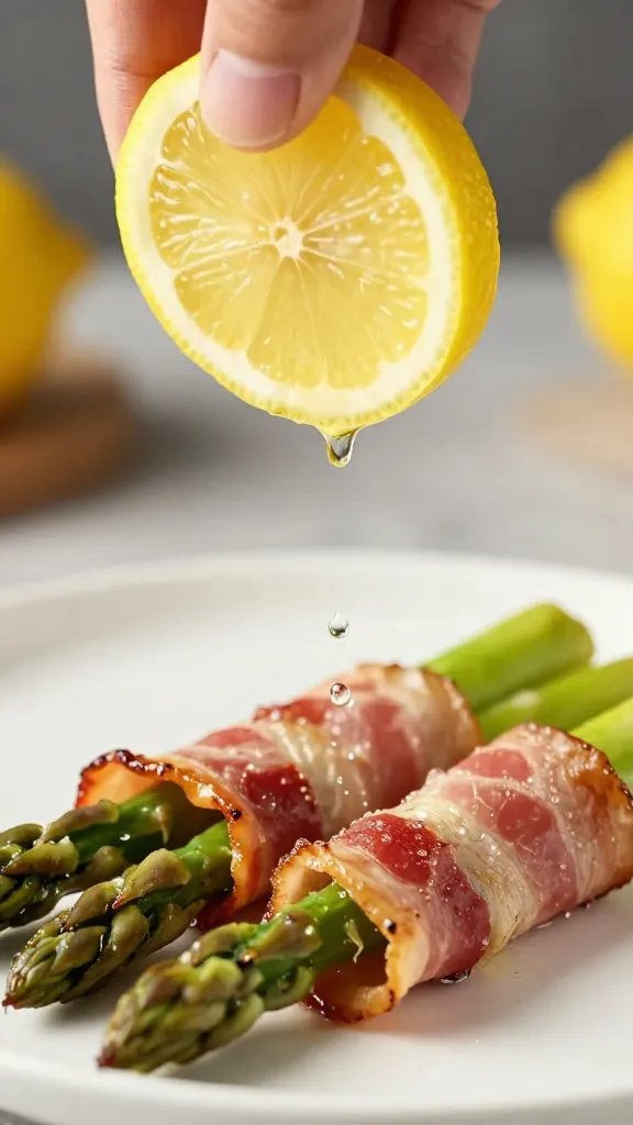 lemon wedge squeezed over one bacon-wrapped asparagus, droplets