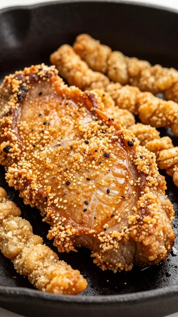 closeup pork rind crusted pork chop on cast-iron skillet