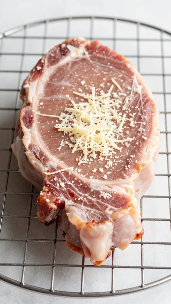 single pork chop with melted Parmesan on wire rack