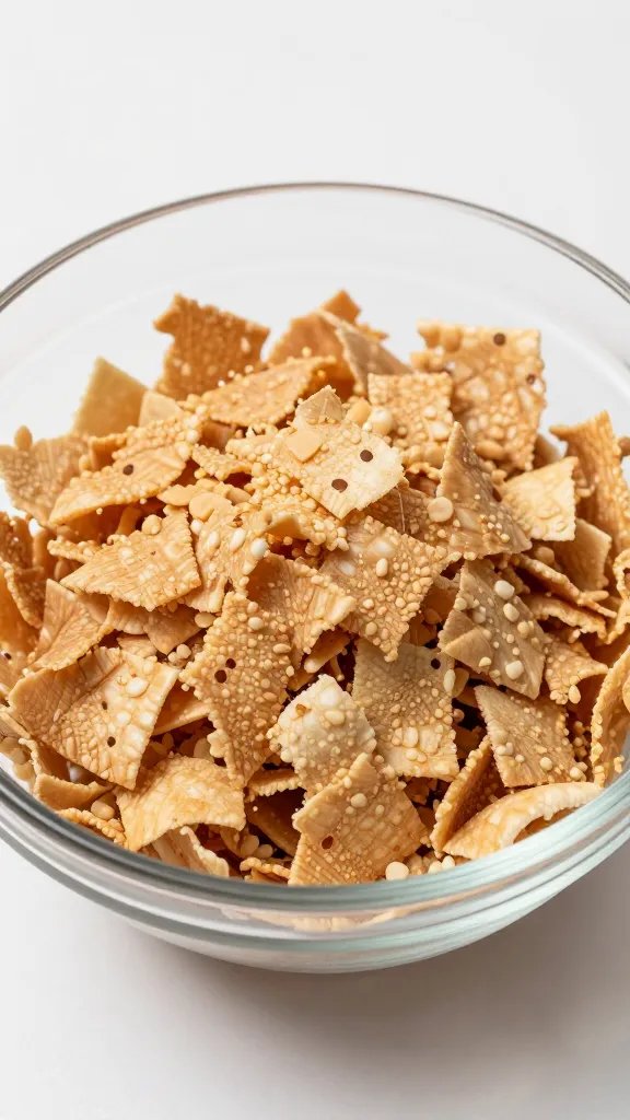 crushed unflavored pork rinds in clear prep bowl