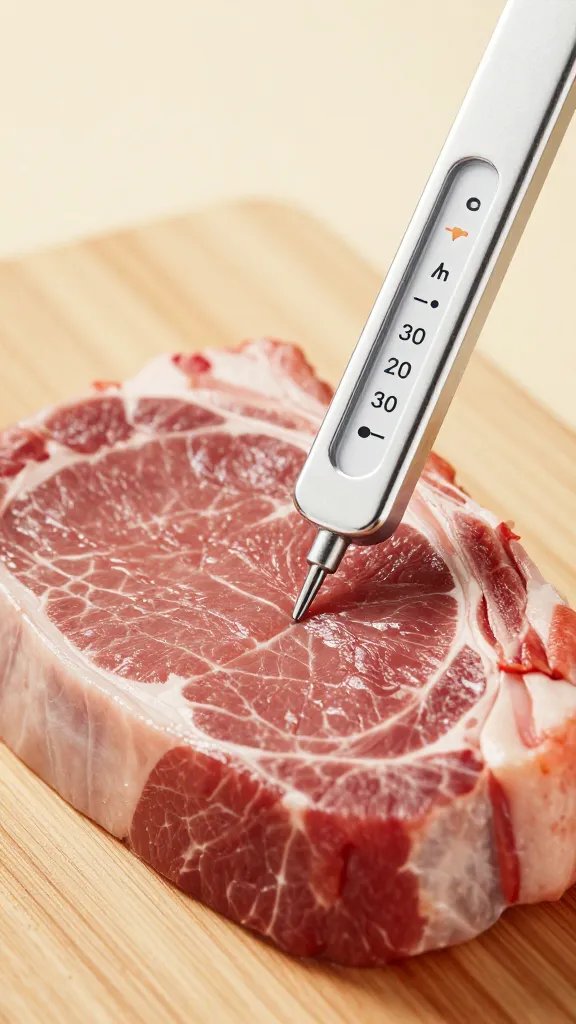 meat thermometer inserted into juicy pork chop