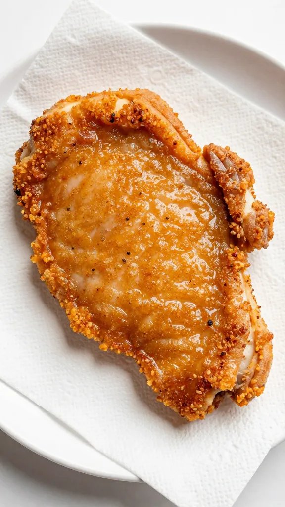 golden pork chop resting on paper towel-lined plate