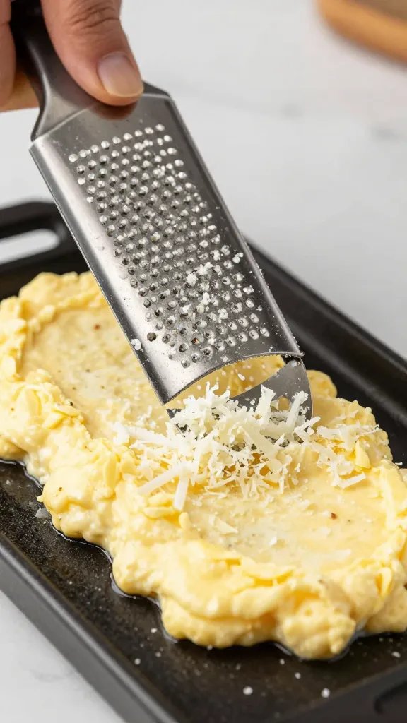 microplane grating Parmesan directly over hot chop