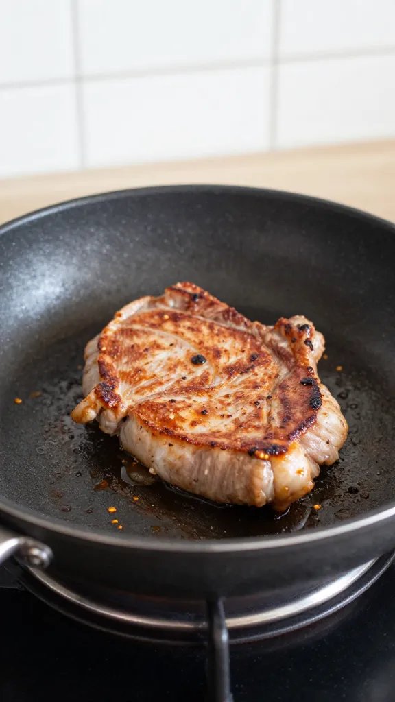 small apartment stovetop with single sizzling pork chop