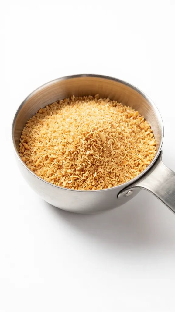 fine pork rind crumbs measured in stainless measuring cup