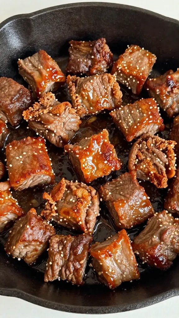 closeup bowl of crispy steak bites on cast-iron skillet