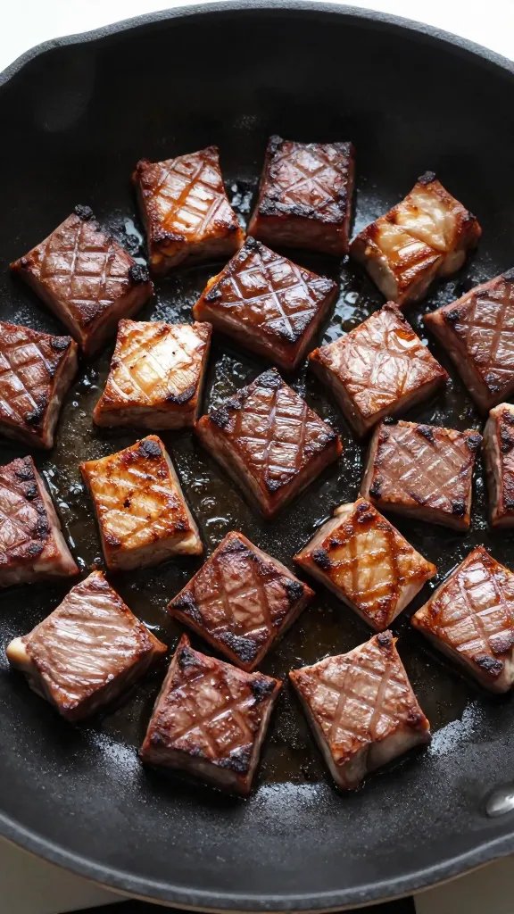 seared 1-inch ribeye cubes on black skillet, overhead