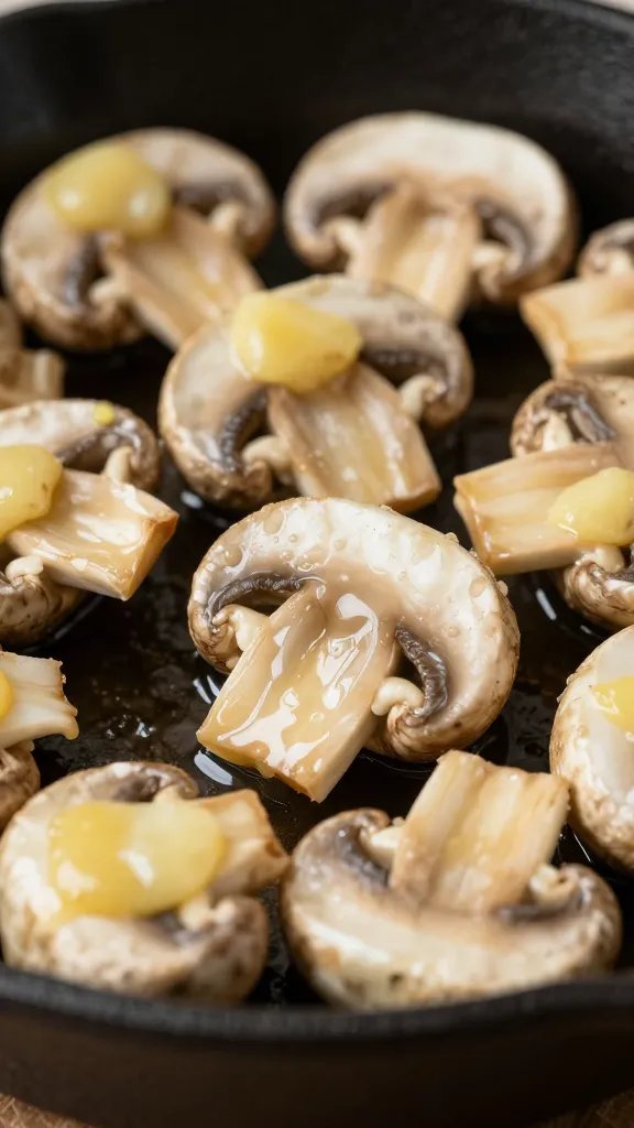 glossy garlic-butter mushrooms in cast-iron, macro shot