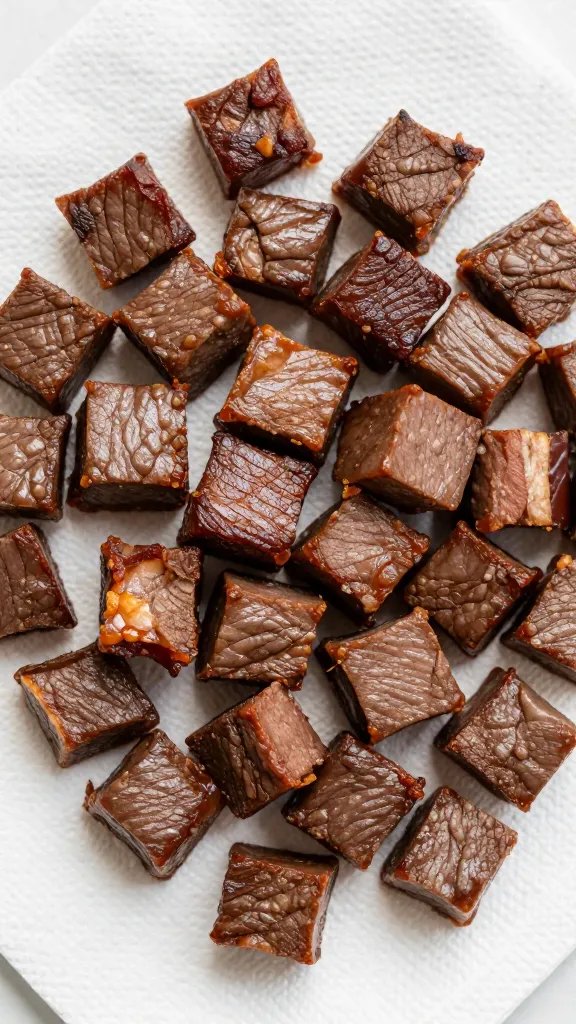 pat-dried sirloin cubes on paper towels, overhead closeup
