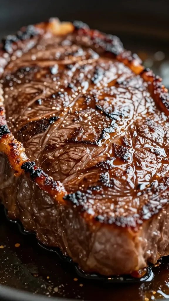 sizzling steak bite with browned crust, extreme closeup