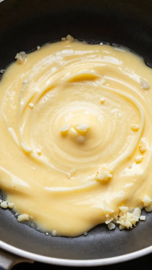 melted butter with minced garlic in hot skillet, macro