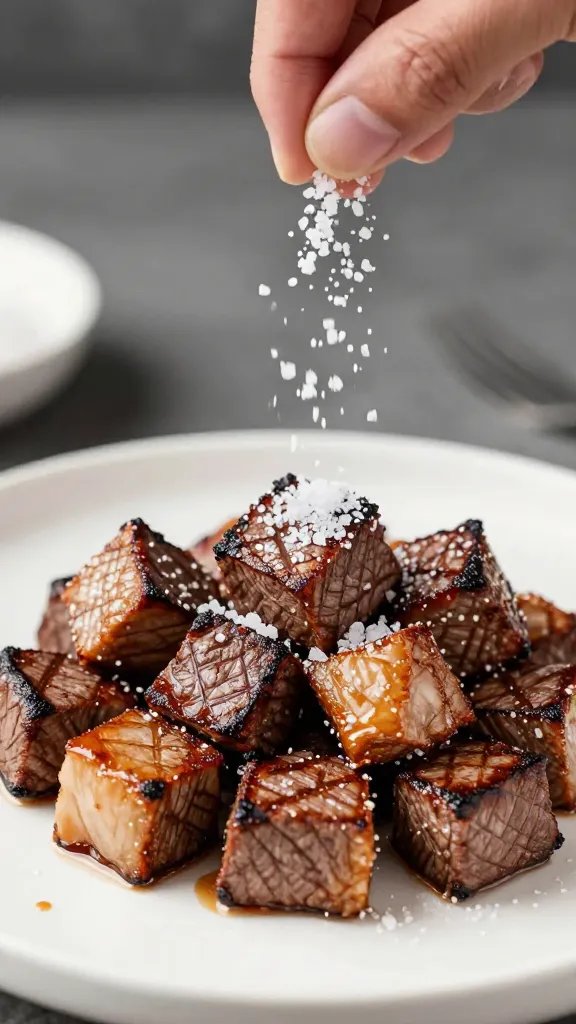 sprinkling flaky salt on seared steak cube, shallow depth