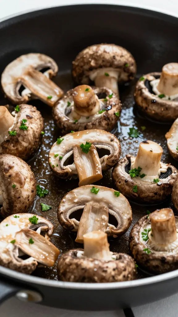 browned mushrooms with parsley in skillet, tight crop