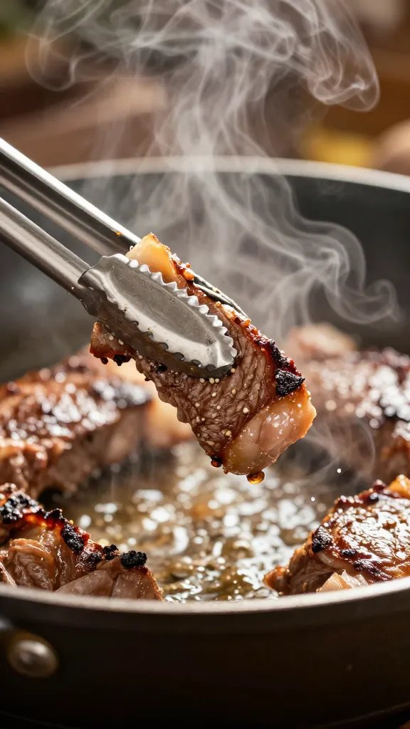 tongs lifting crusted steak bite over skillet, steam visible