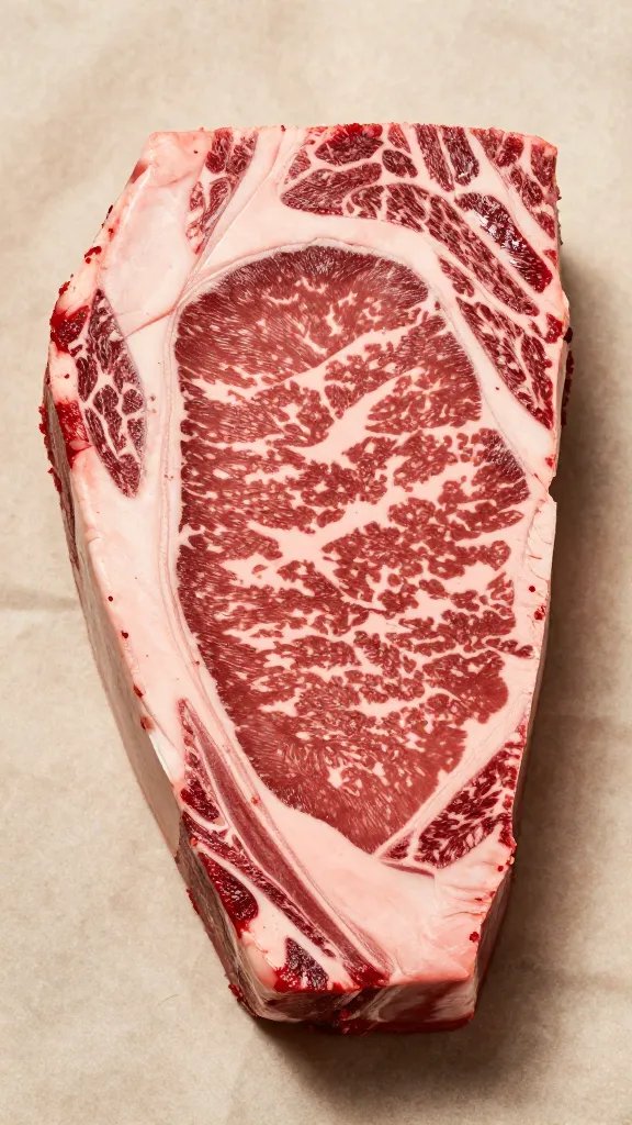 ribeye marbling closeup before cubing, butcher paper backdrop