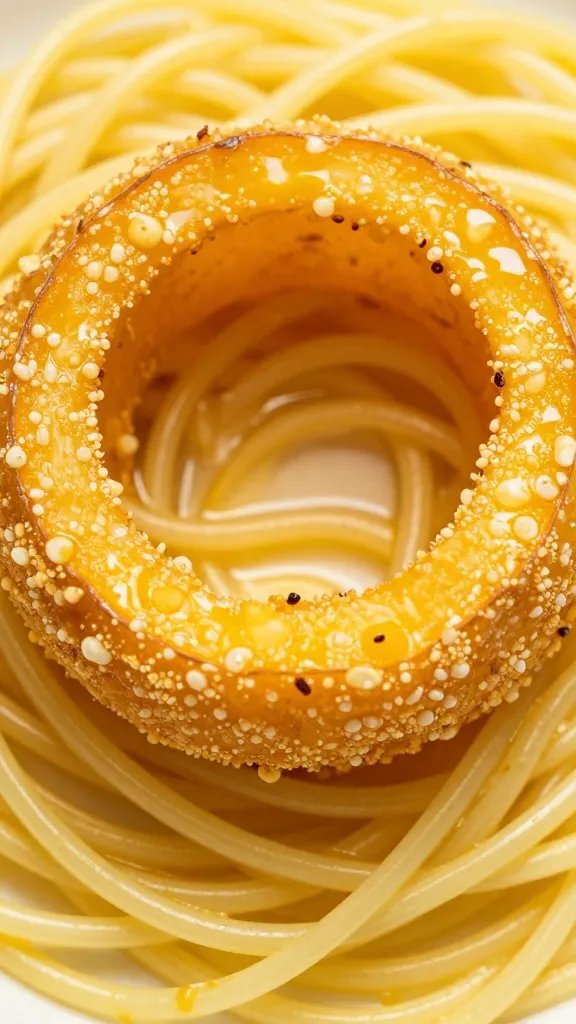 Spaghetti squash ring dredged in beaten egg, macro