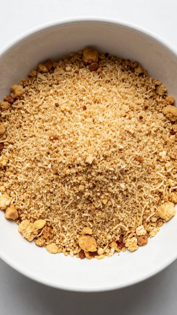Keto seasoned crumb mixture in shallow dish, top-down