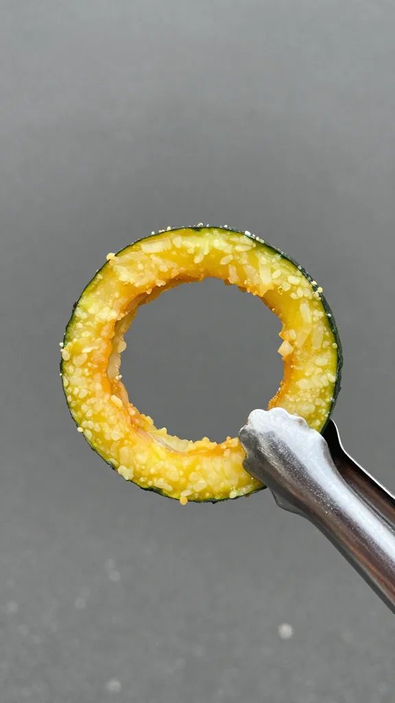 Tongs holding crispy spaghetti squash ring, shallow depth