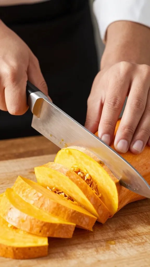 Sharp chef’s knife slicing squash neck into rings