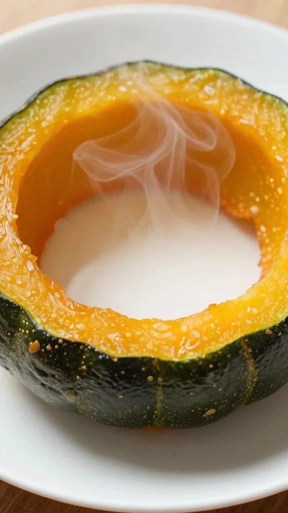 Steaming hot spaghetti squash ring on white plate, closeup
