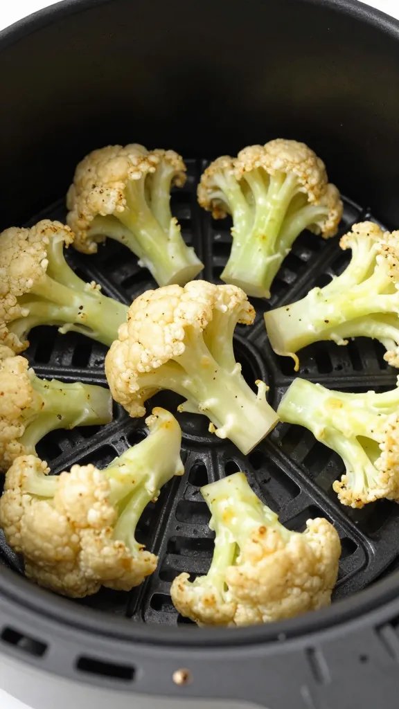 closeup of air fryer basket with golden cauliflower florets