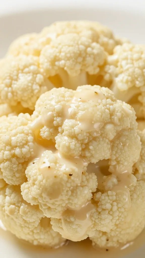 single cauliflower floret coated in buffalo sauce, macro