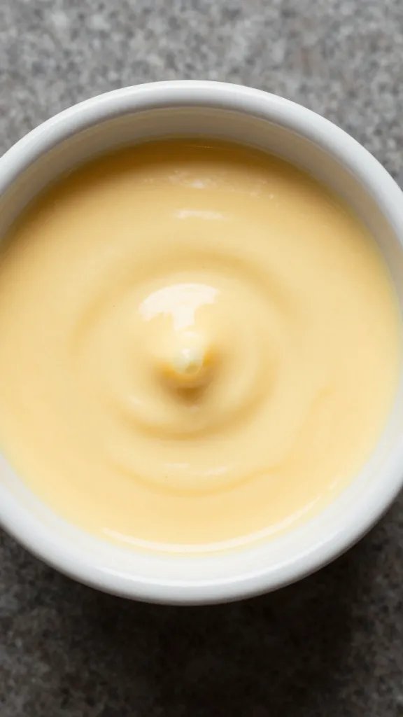 ramekin of Frank’s RedHot butter sauce, overhead