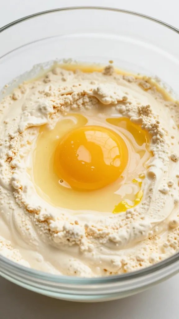 whisked egg with whey protein batter in glass bowl, closeup