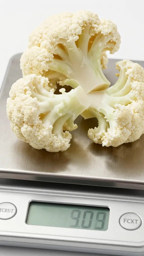 digital kitchen scale weighing trimmed cauliflower florets, closeup