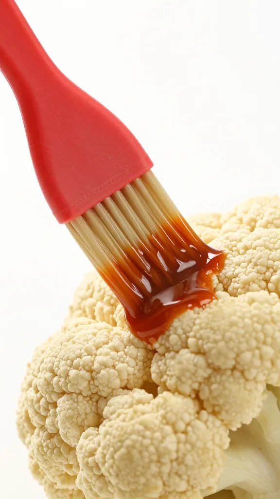 silicone brush glazing one cauliflower floret with sauce, macro