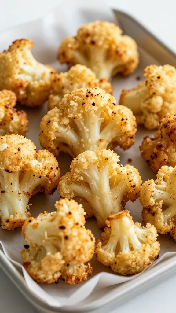 parchment-lined tray of battered cauliflower pre-air-fry, closeup