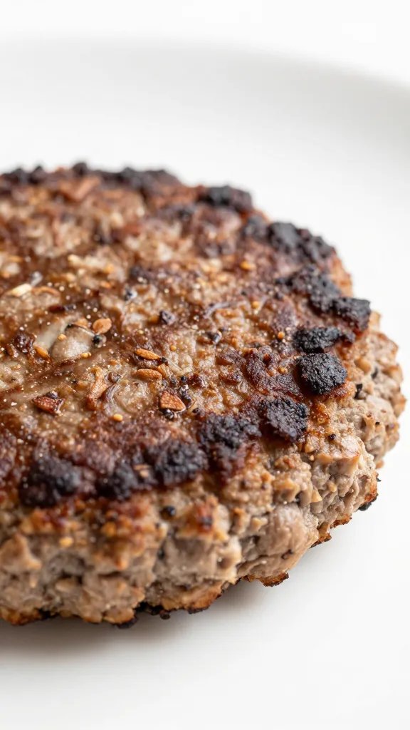 seared burger patty with crust, macro side view