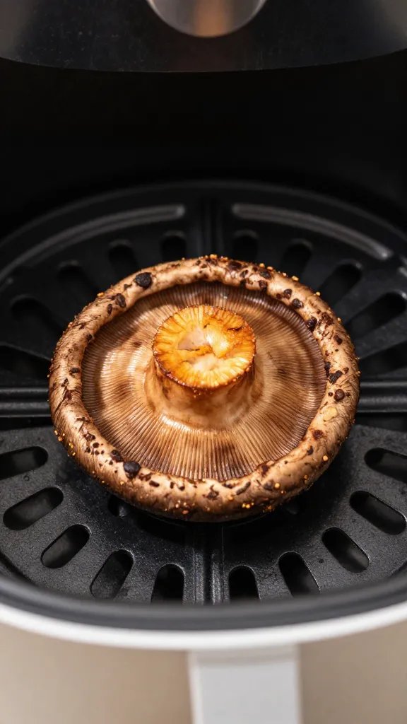 air fryer basket holding single crispy portobello cap