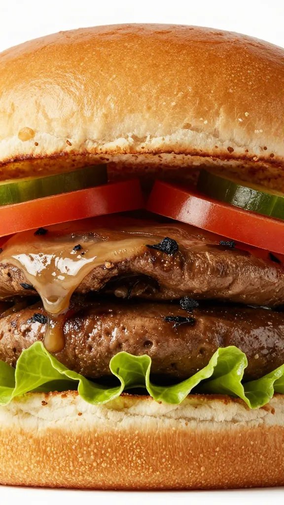 assembled portobello bun burger, cross-section closeup