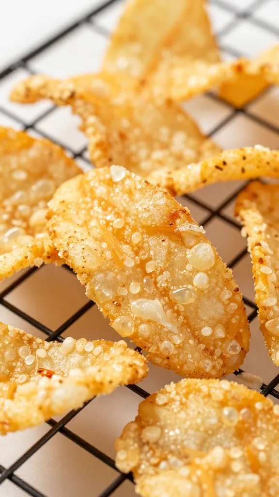 closeup pork rind crusted pickle chip on wire rack